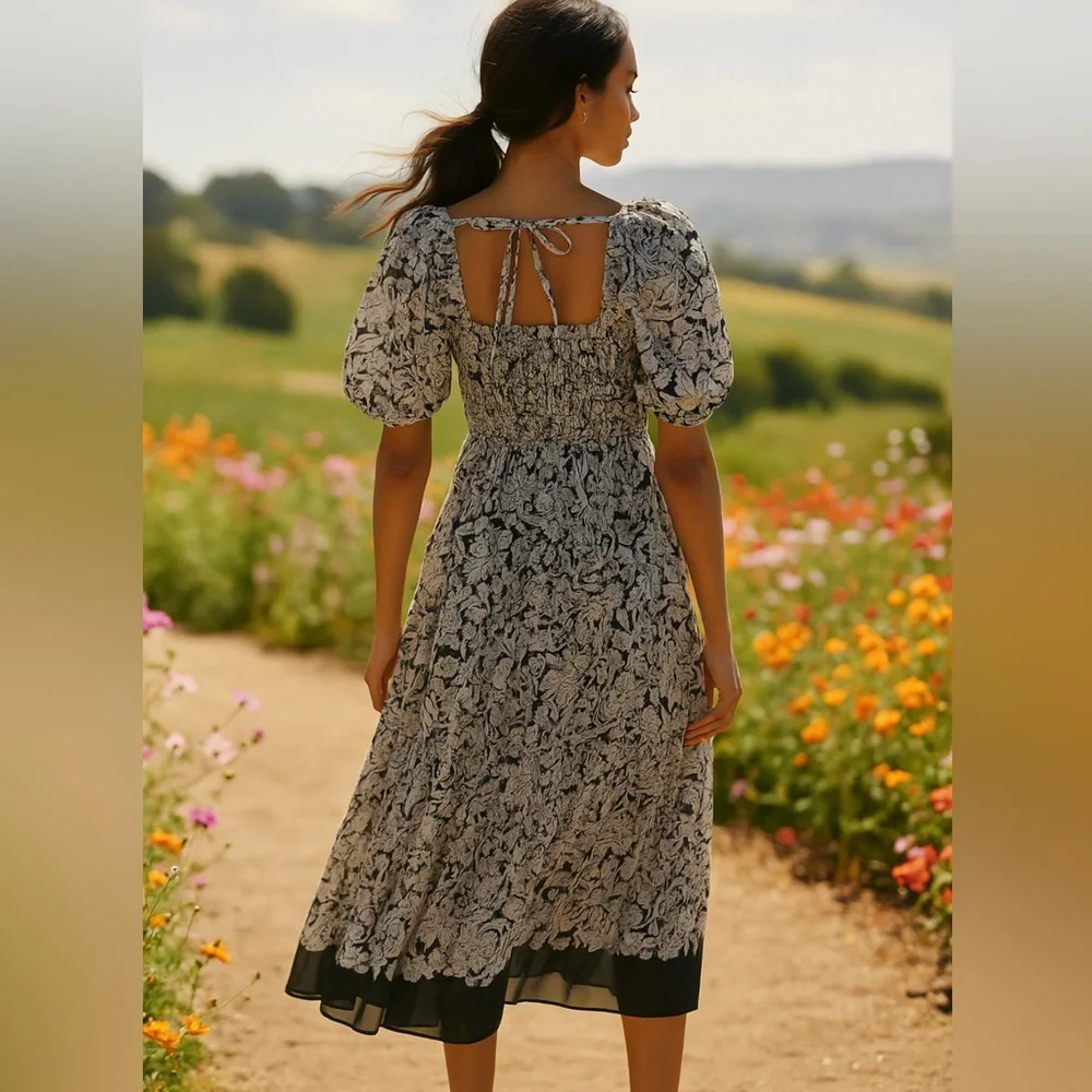 👗🌟Anthropologie Square Neck Smocked Midi Dress Boho Floral Black White XS 0 2 - Picture 6 of 12